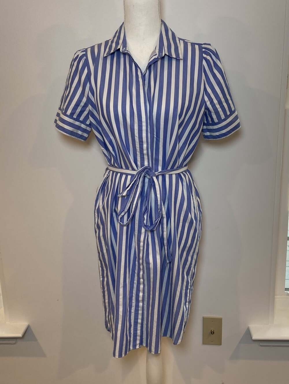 LOFT Shirt Dress Button Front Tie Waist Blue White Stripe Pockets Preppy M